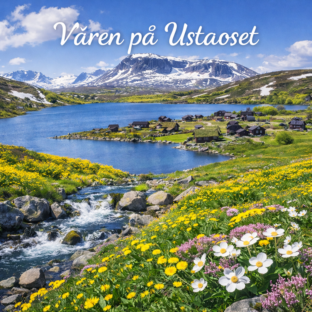 Alpine village on lakeshore surrounded by mountains and wildflowers